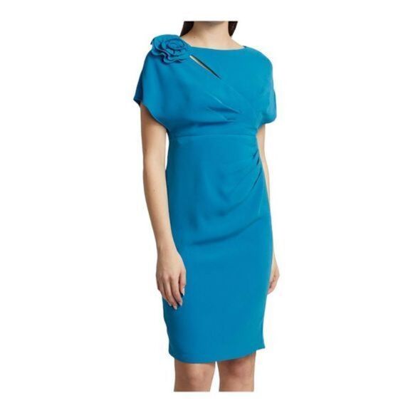 TERI JON by Rickie Freeman Blue Flower shoulder Crepe Cocktail Dress size 6 NWT - Picture 2 of 12